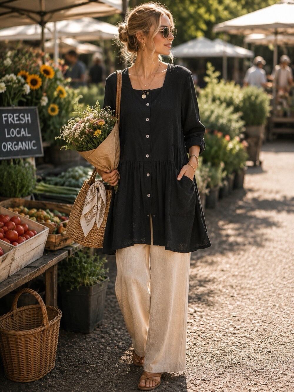 Gudrun Sjoden Black Square Neck Button Front Tunic Smock Dress Small NWT